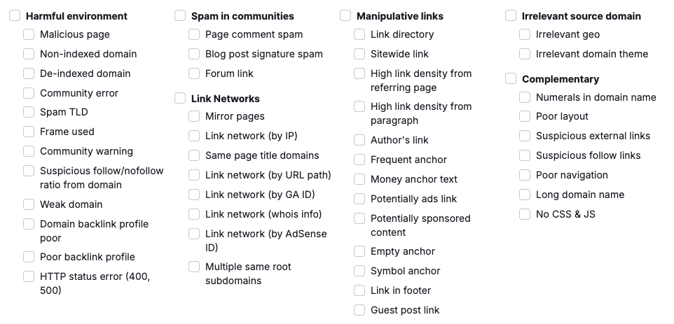SEMRush toxic markers screenshot for toxic backlinks